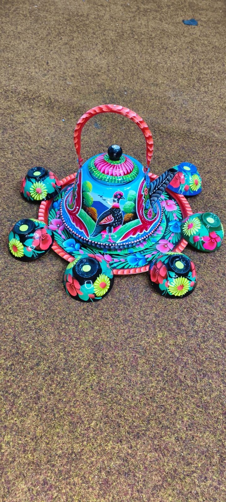 ✨ Large Cattle 4 Cups & Tray Set – Vibrant Hand-Painted Truck Art Design | Traditional & Colorful Serving Set