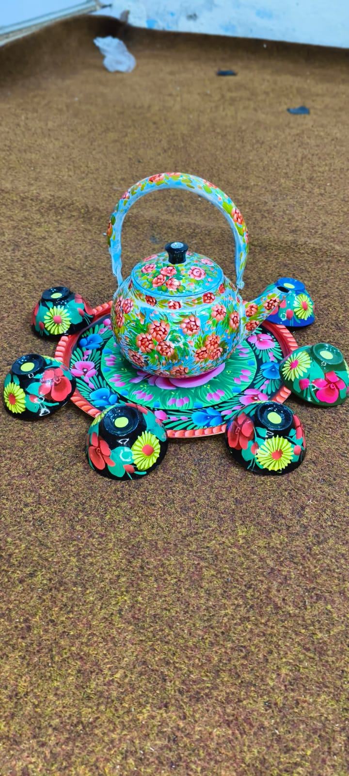 ✨ Large Cattle 4 Cups & Tray Set – Vibrant Hand-Painted Truck Art Design | Traditional & Colorful Serving Set