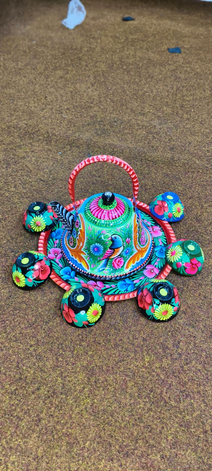 ✨ Large Cattle 4 Cups & Tray Set – Vibrant Hand-Painted Truck Art Design | Traditional & Colorful Serving Set