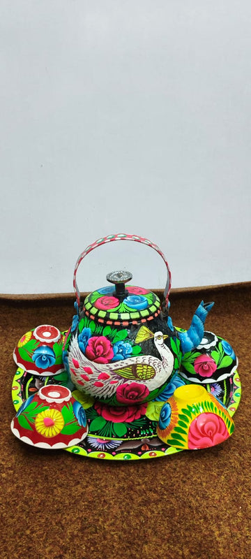 ✨ Large Cattle 4 Cups Tray Set – Vibrant Hand-Painted Truck Art Design | Traditional &amp; Colorful Serving Set