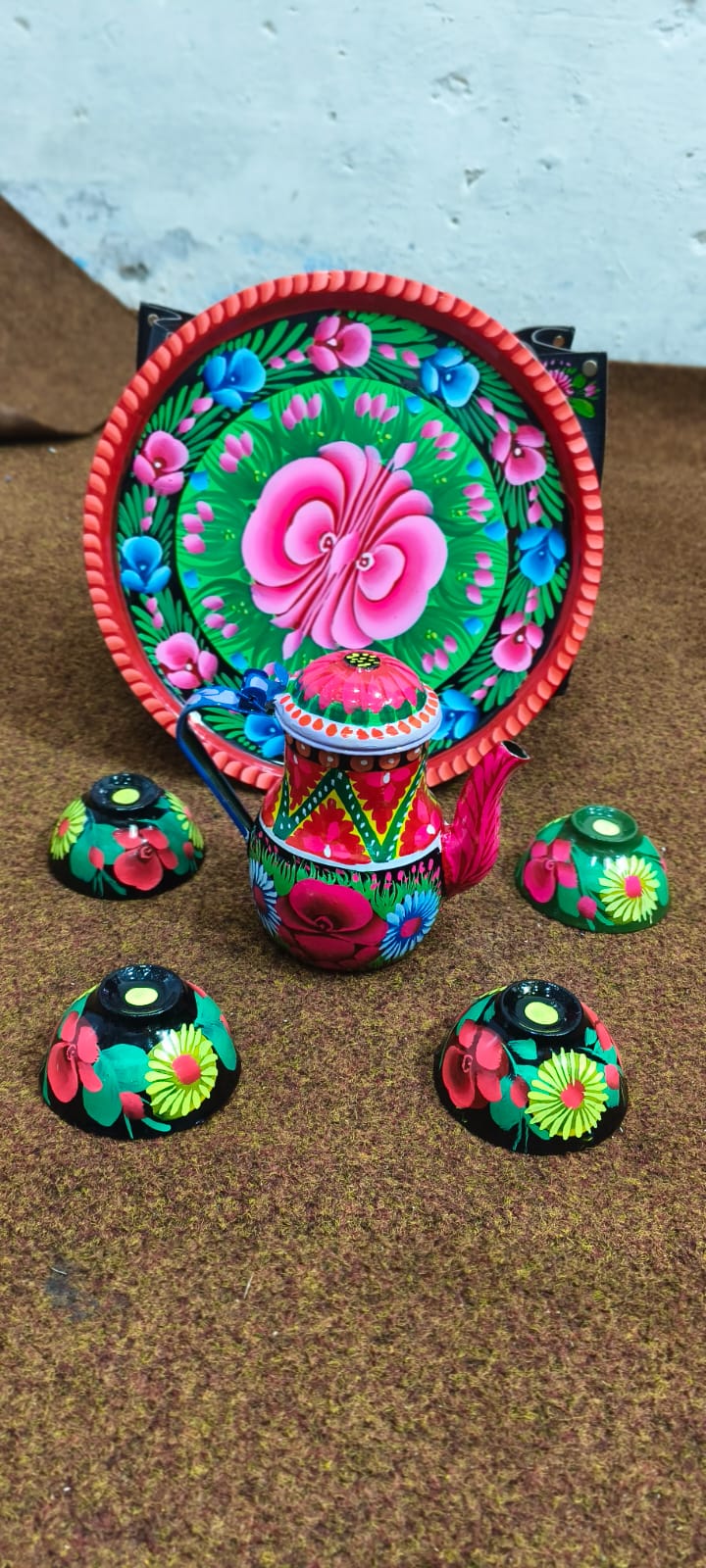 ✨ Small Cattle 4 Cups & Tray Set – Vibrant Hand-Painted Truck Art Design | Traditional & Colorful Serving Set