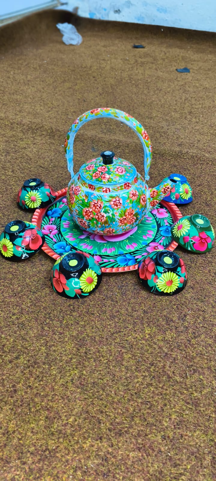 ✨ Large Cattle 4 Cups & Tray Set – Vibrant Hand-Painted Truck Art Design | Traditional & Colorful Serving Set