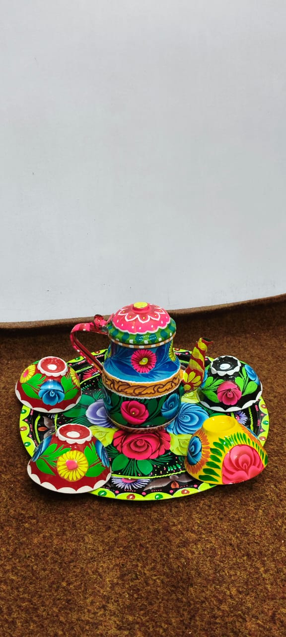 ✨ Large Cattle 4 Cups & Tray Set – Vibrant Hand-Painted Truck Art Design | Traditional & Colorful Serving Set