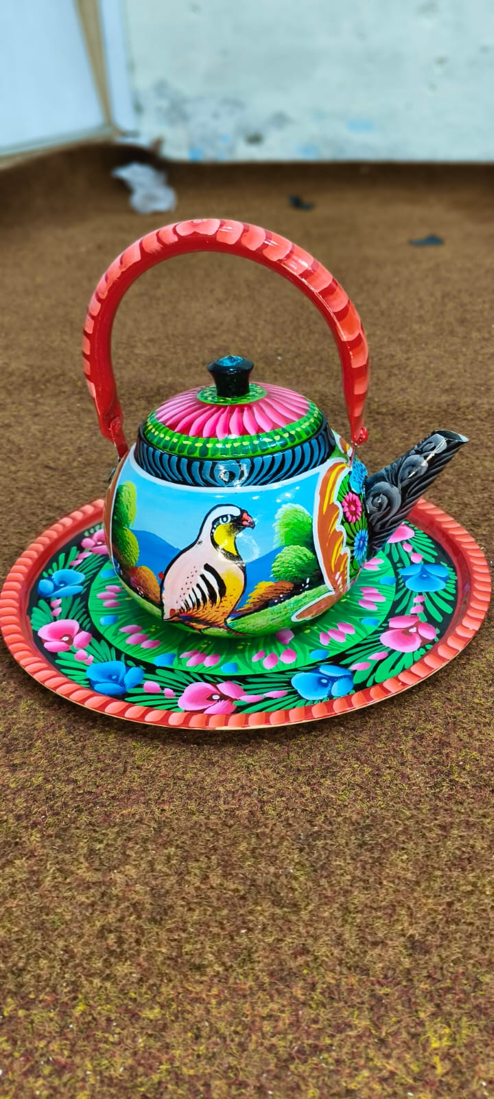 ✨ Large Cattle 4 Cups & Tray Set – Vibrant Hand-Painted Truck Art Design | Traditional & Colorful Serving Set