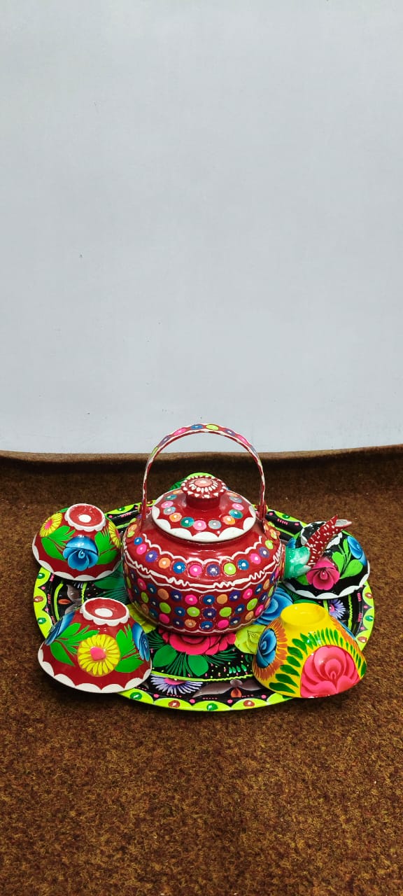 ✨ Large Cattle 4 Cups Tray Set – Vibrant Hand-Painted Truck Art Design | Traditional &amp; Colorful Serving Set