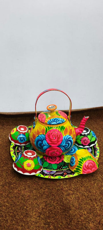 ✨ Large Cattle 4 Cups Tray Set – Vibrant Hand-Painted Truck Art Design | Traditional &amp; Colorful Serving Set