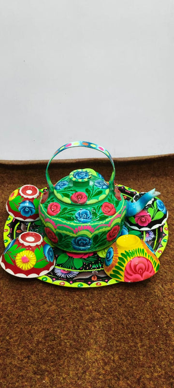✨ Large Cattle 4 Cups Tray Set – Vibrant Hand-Painted Truck Art Design | Traditional &amp; Colorful Serving Set