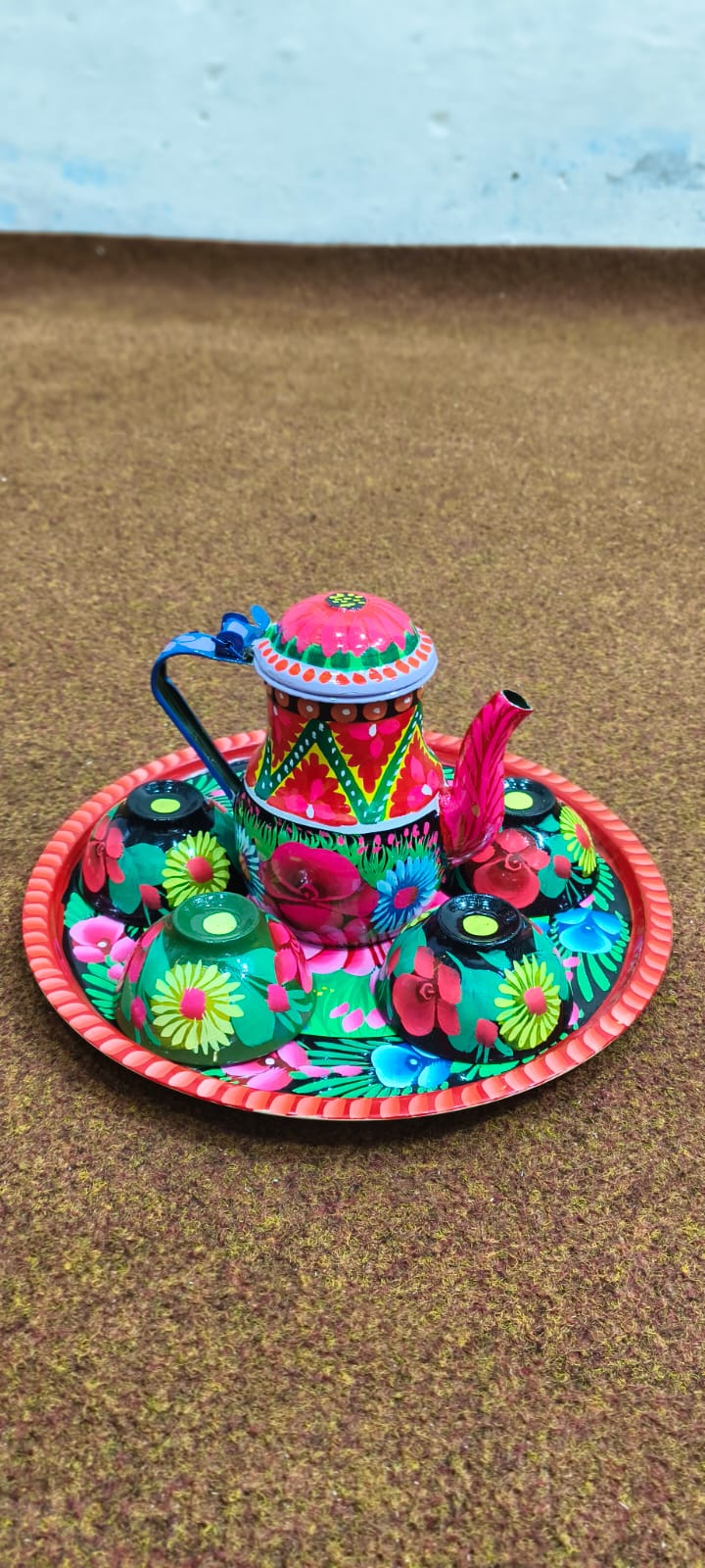 ✨ Small Cattle 4 Cups & Tray Set – Vibrant Hand-Painted Truck Art Design | Traditional & Colorful Serving Set