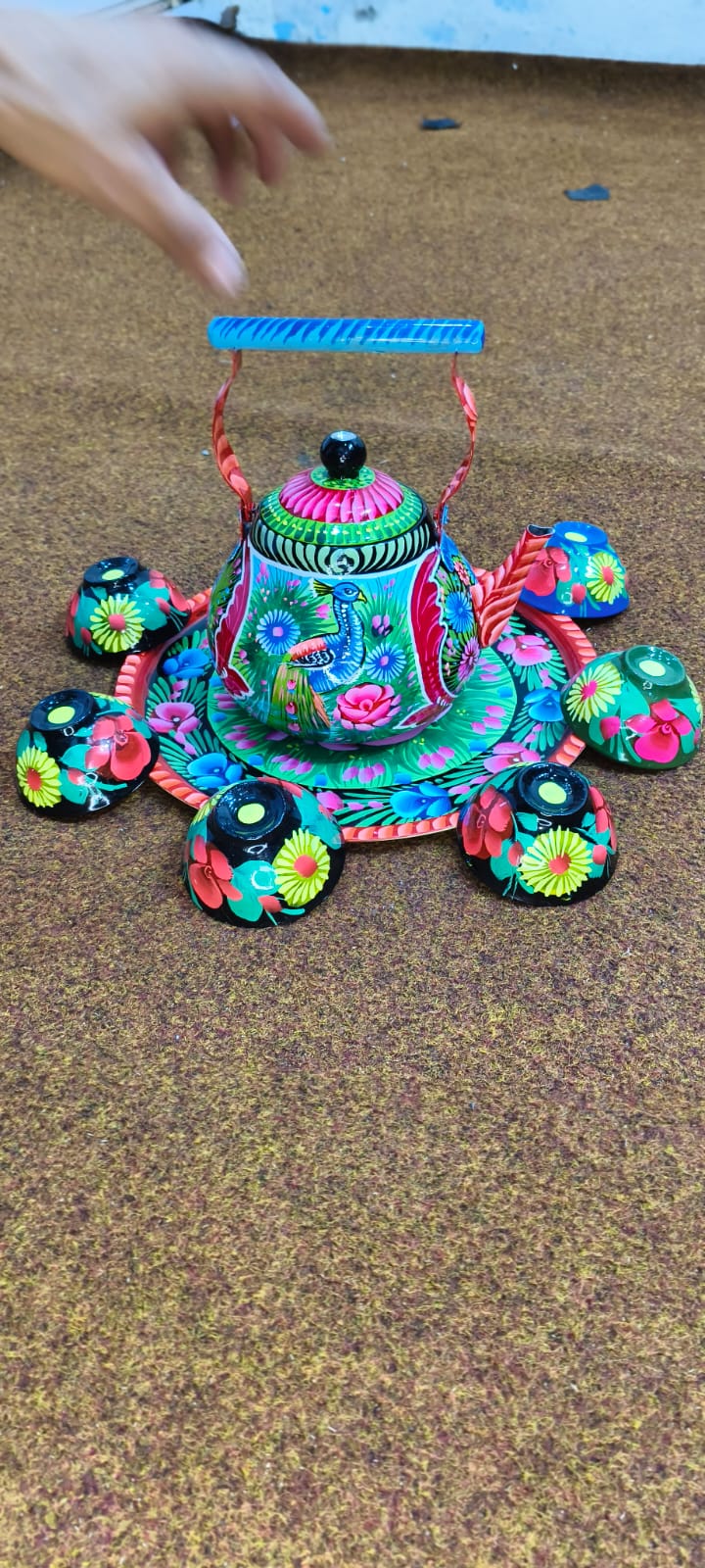 ✨ Large Cattle 4 Cups & Tray Set – Vibrant Hand-Painted Truck Art Design | Traditional & Colorful Serving Set