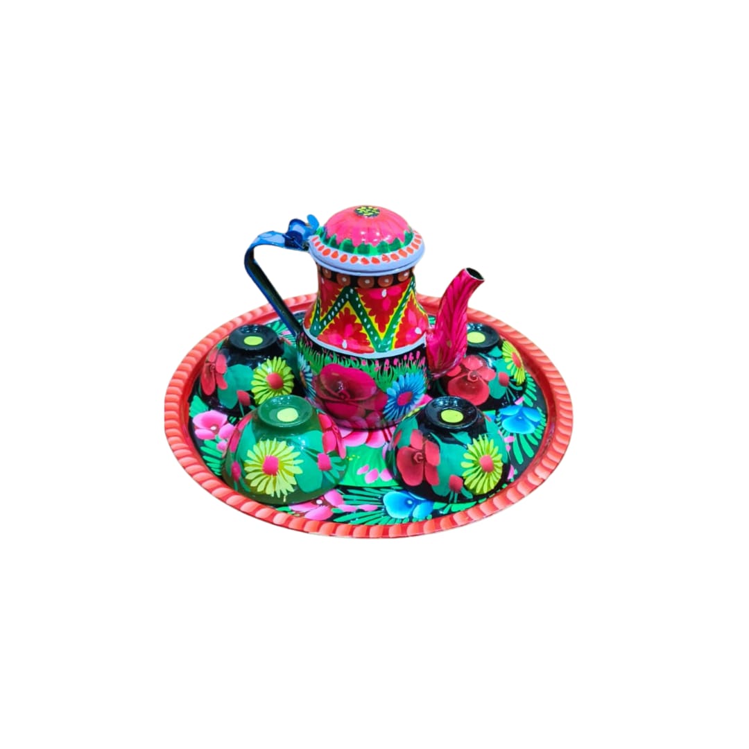 ✨ Small Cattle 4 Cups & Tray Set – Vibrant Hand-Painted Truck Art Design | Traditional & Colorful Serving Set